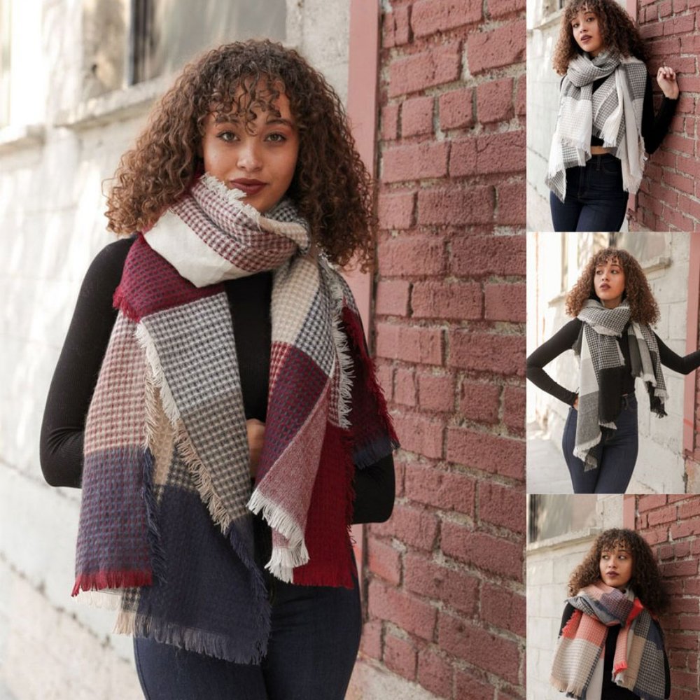 Plaid Waffle Knit Blanket Scarf
